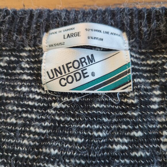 Vintage Uniform Code Cardigan Sweater Sz L Black White Abstract Knit wool nylon - Picture 7 of 15